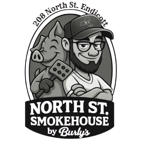 North St. Smokehouse logo: Man with pig holds spatula. Text 