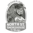 North St. Smokehouse logo: pig with mallet, smiling man, and text "North St. Smokehouse by Burly's", Endicott, NY.