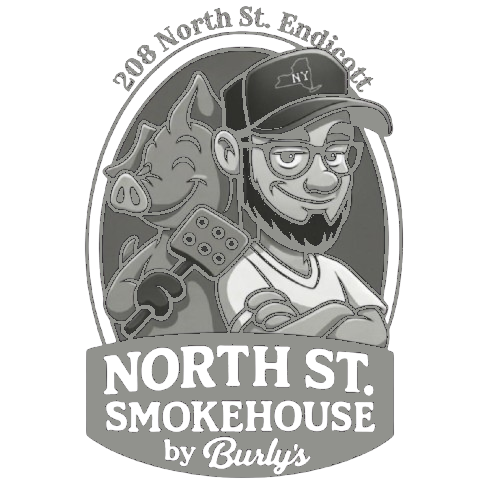 North St. Smokehouse logo: pig with mallet, smiling man, and text "North St. Smokehouse by Burly's", Endicott, NY.