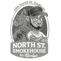 North St. Smokehouse logo: pig with mallet, smiling man, and text "North St. Smokehouse by Burly's", Endicott, NY.