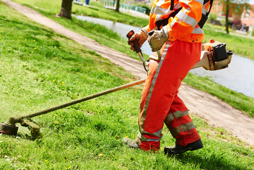 A man is cutting grass with a lawn mower in a park.