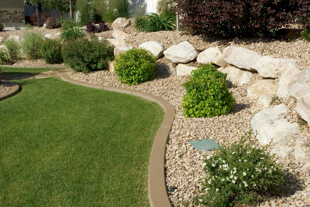 A lawn with a concrete curb surrounded by rocks and bushes.