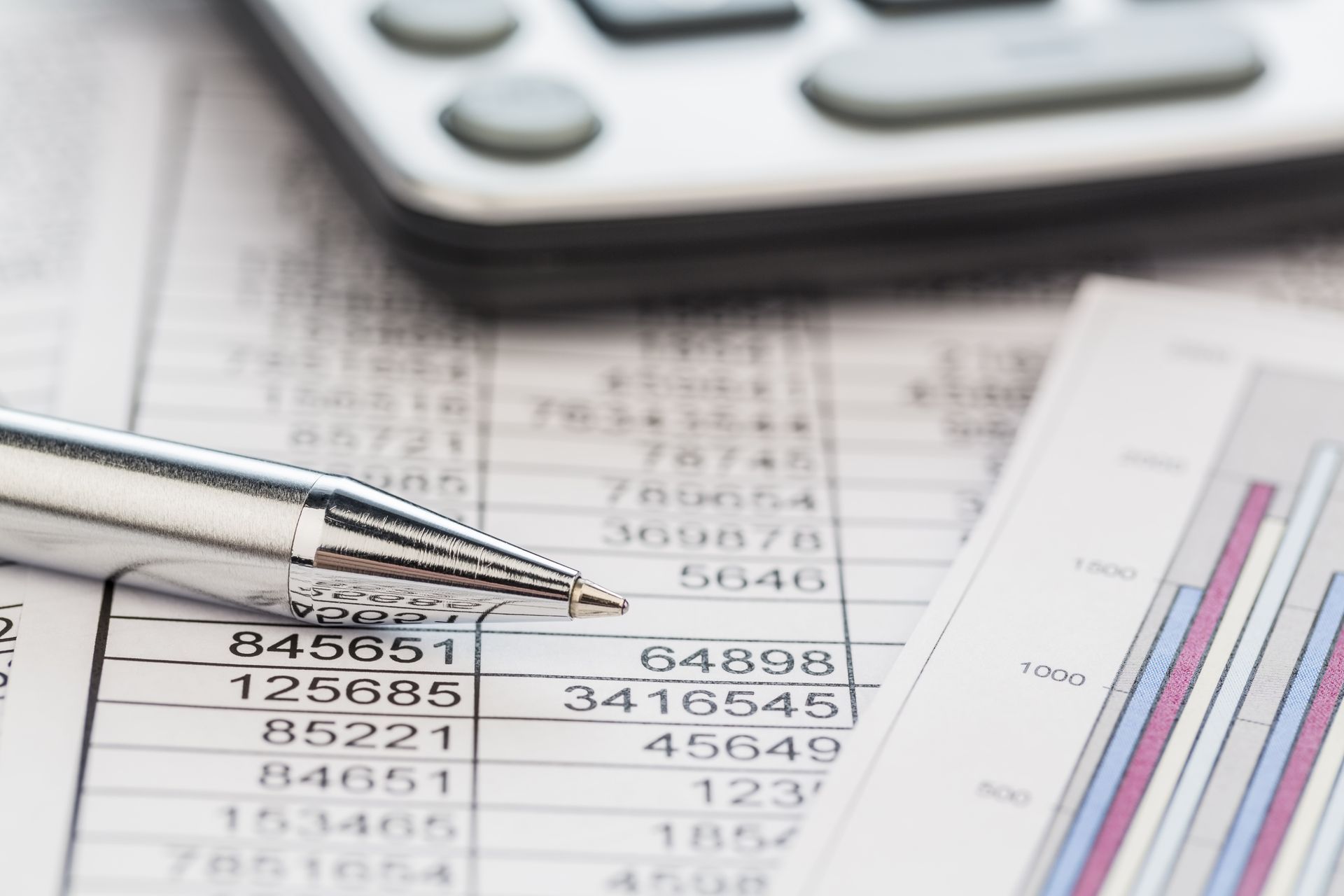 Pen resting on financial documents with a calculator in the background. Bar graph with numerical data.