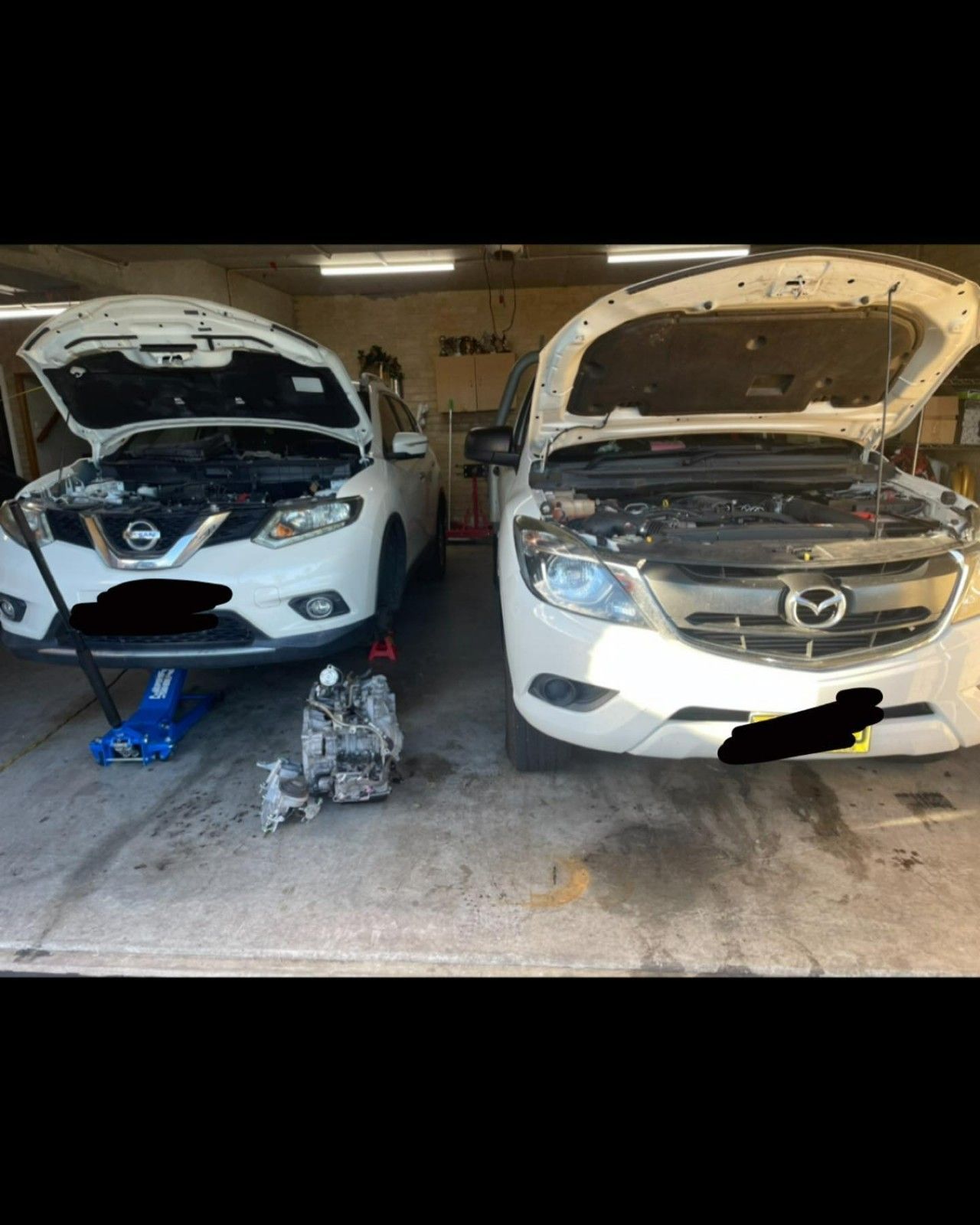 Two White Cars with Open Hoods in A Garage — BEB Automotive In Sutherland, NSW