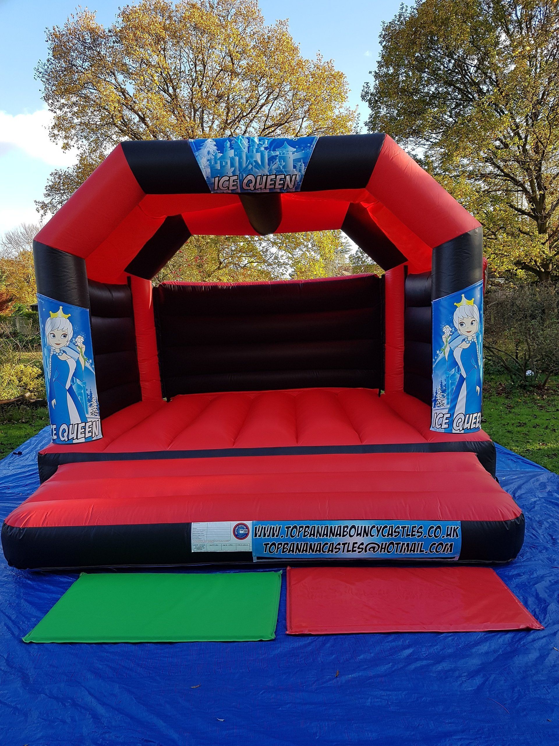 red and black adult bouncy castle with snow queen artwork