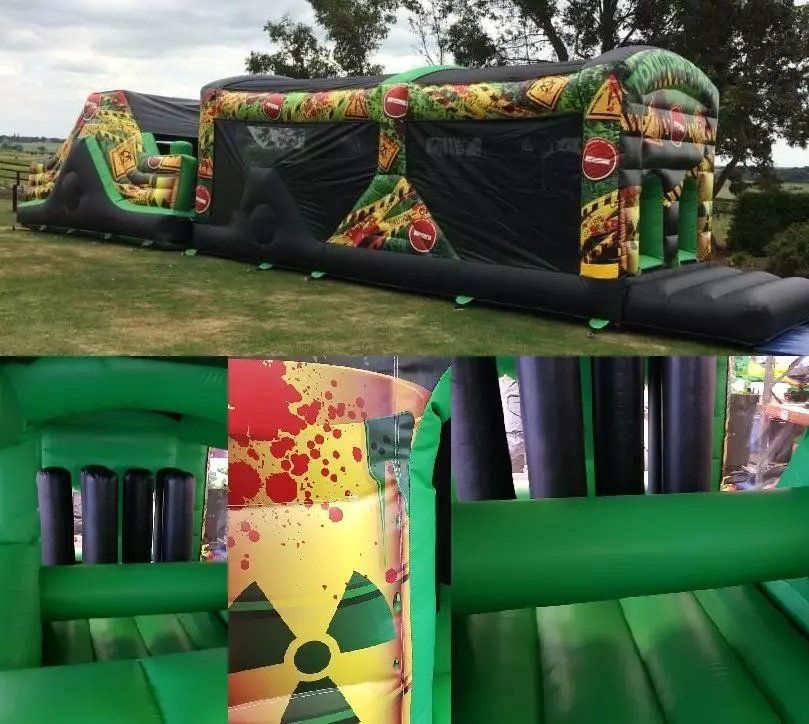 large toxic waste themed bouncy obstacle course