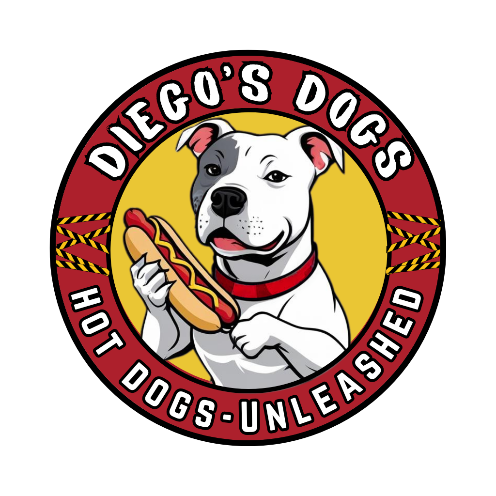 Logo: White dog holding hotdog, 