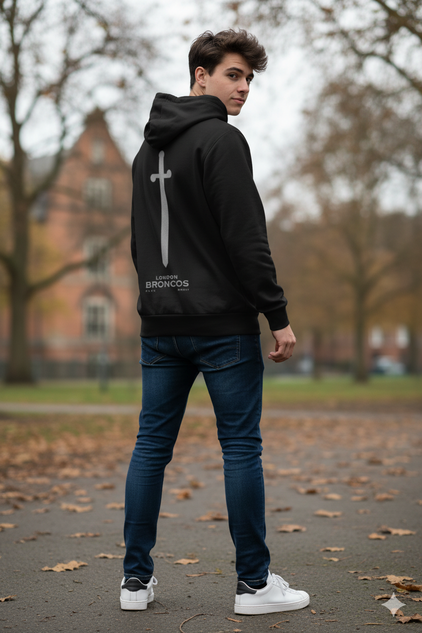 Person wearing a black hoodie with a sword graphic on the back, standing on a path in a park.