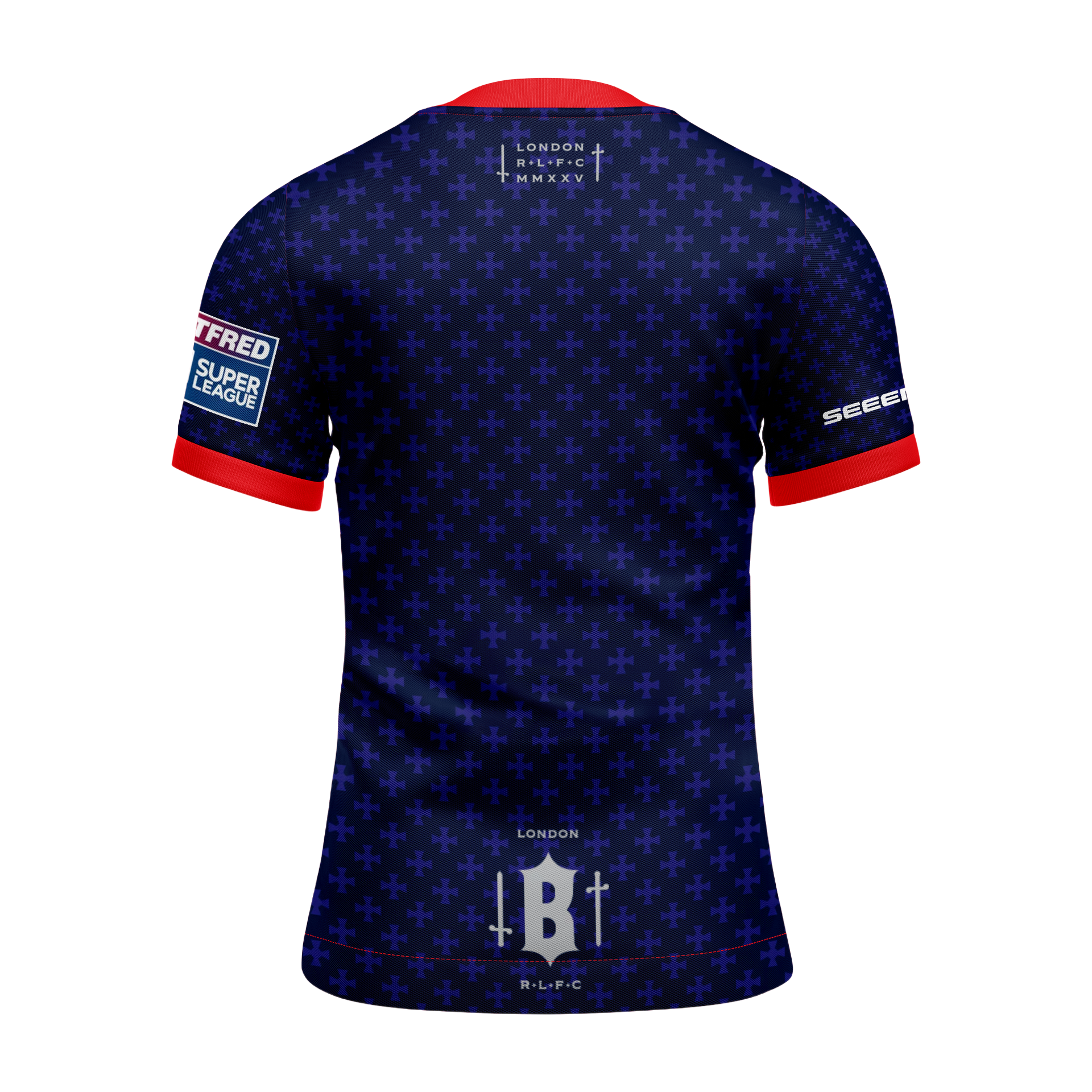 Blue rugby jersey with red collar and sleeve cuffs, patterned with crosses; sponsors and logo visible.