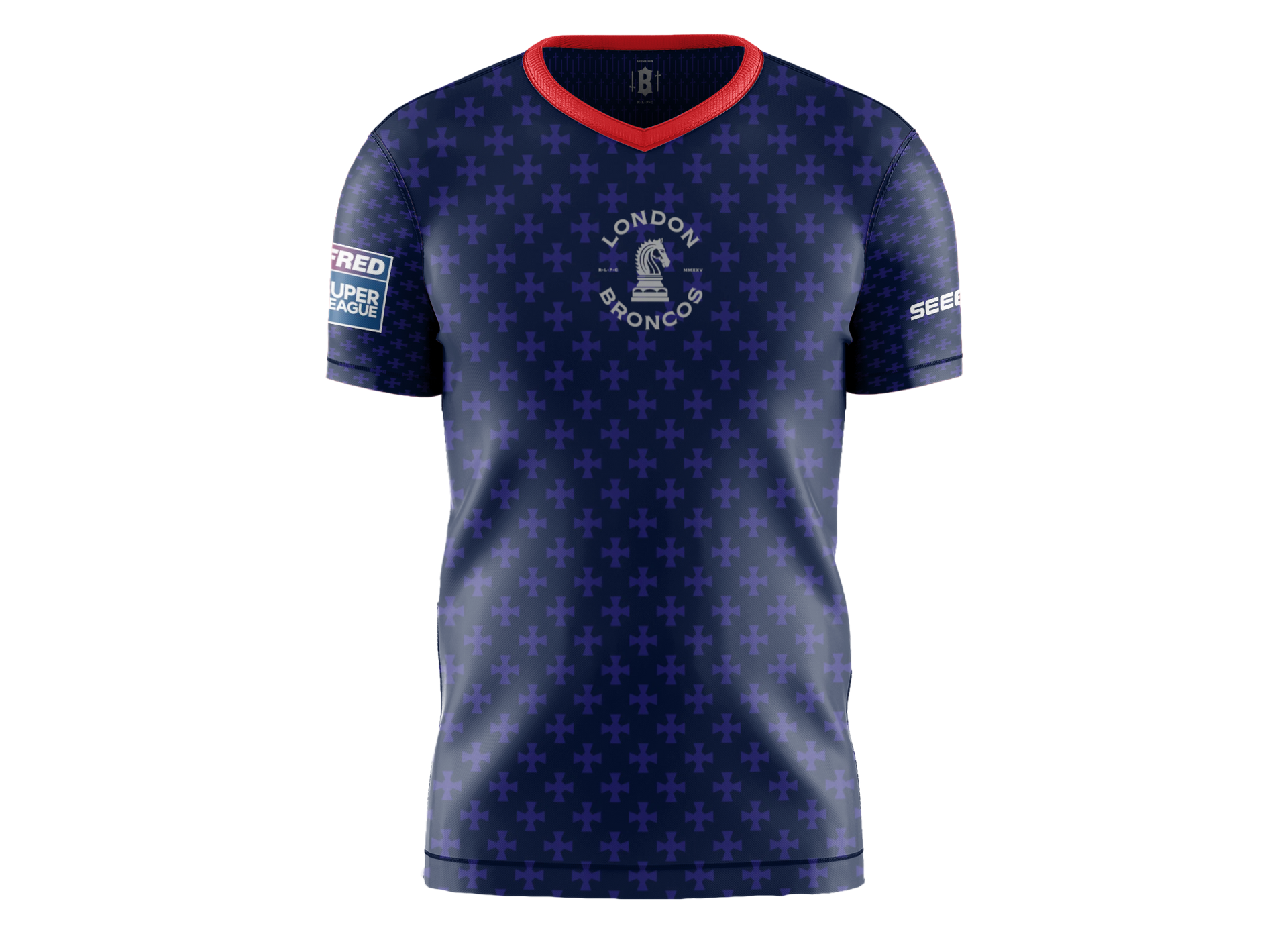 Blue esports jersey with London Knights logo and repeated cross pattern. Red collar.
