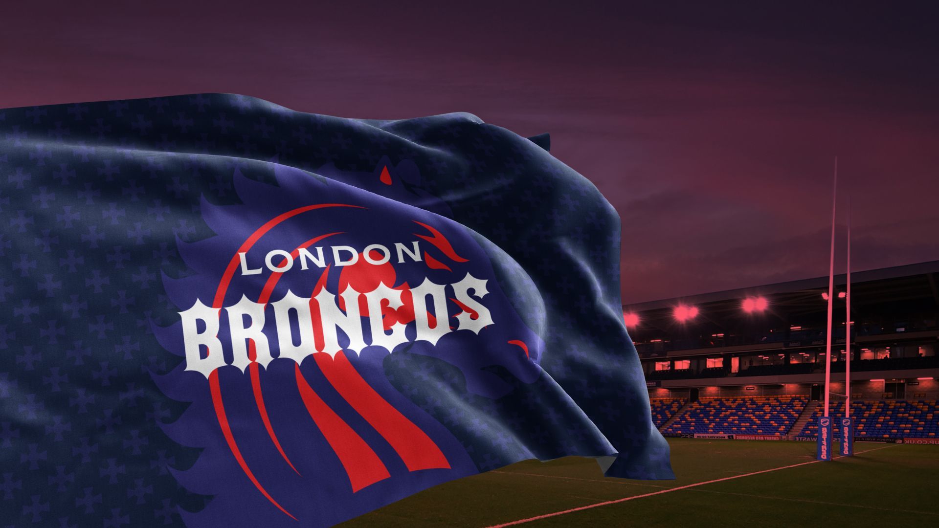 London Broncos flag waving in stadium, dark blue with logo, red accents, evening game.