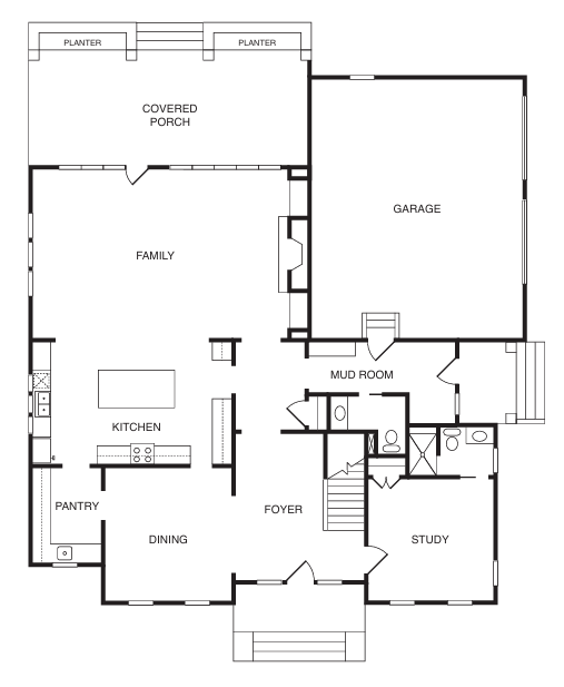 Floor plan of a ground-level house featuring a kitchen, family room, dining area, study, mudroom, and garage.