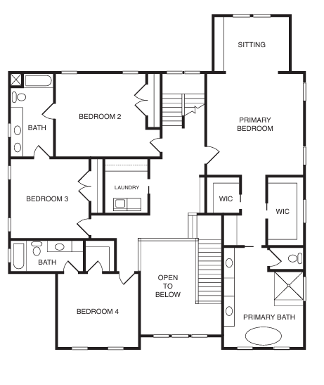 A black and white architectural floor plan of a house's second story, featuring four bedrooms, three baths, and laundry.
