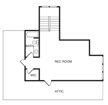 Floor plan showing a rec room, bathroom, walk-in closet, and stairs, with an adjacent attic space.