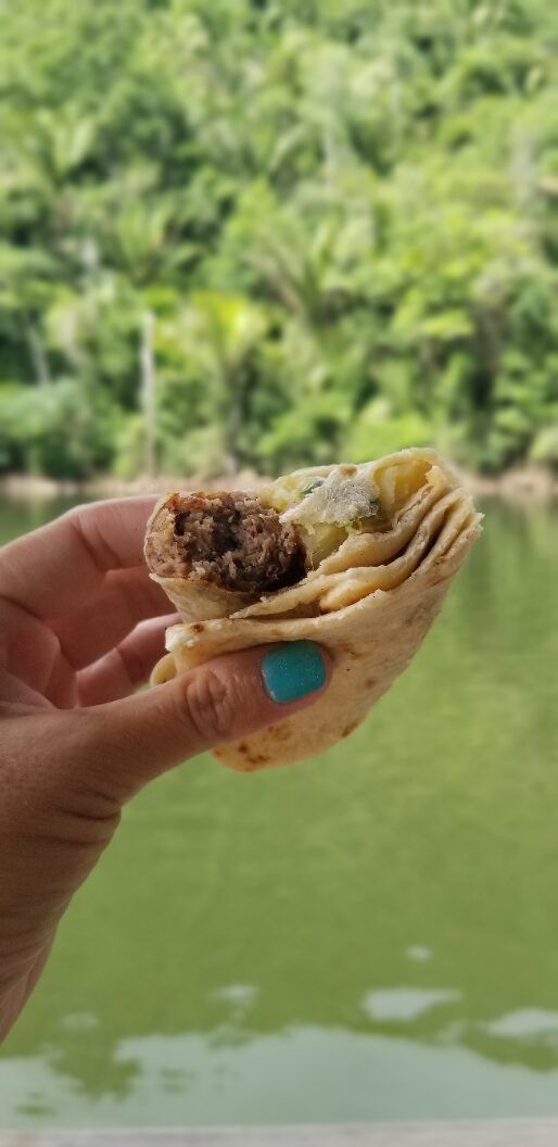 A person is holding a taco in their hand with a lake in the background.