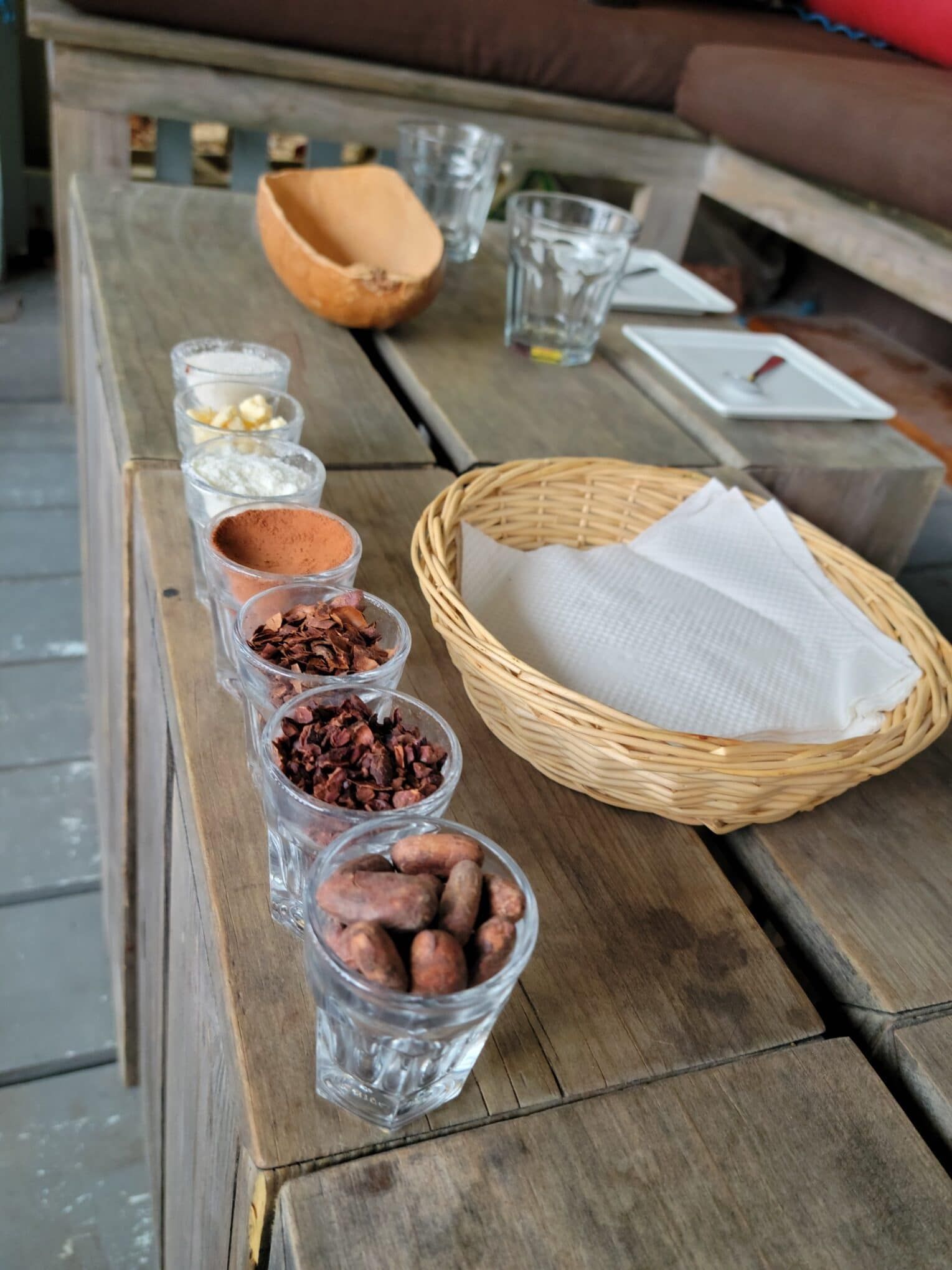 A wooden table with a basket of nuts on it