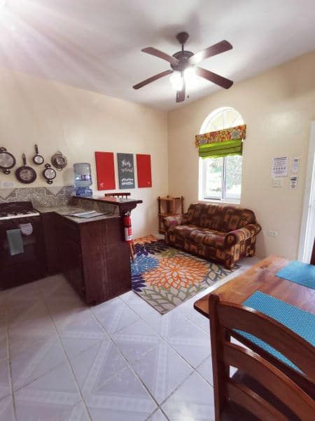 A living room with a ceiling fan and a couch