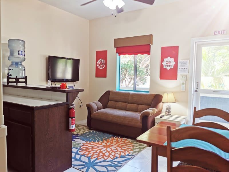 A living room with a couch and a television
