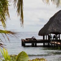 A thatched hut on a dock overlooking the ocean.