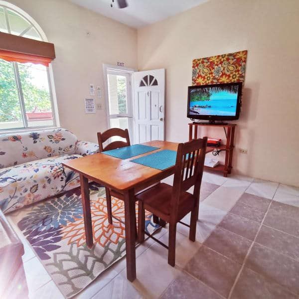 A living room with a table and chairs and a television