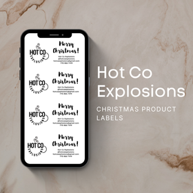 Hot Co Explosions hot cocoa bomb Christmas product labels mockup on a phone, with beige marble background and white text.