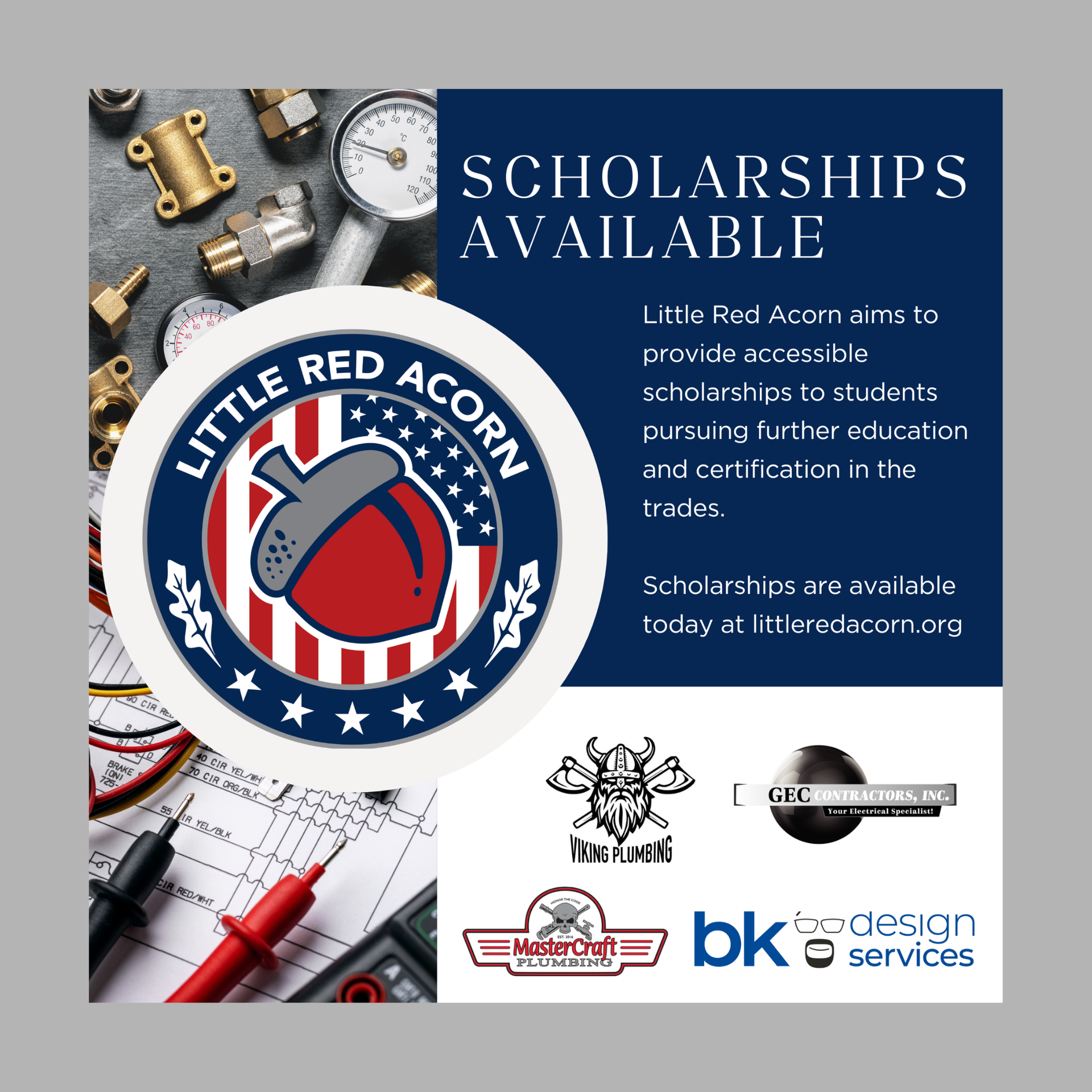 Little Red Acorn scholarships available, blue-and-white flyer with tools and logo.
