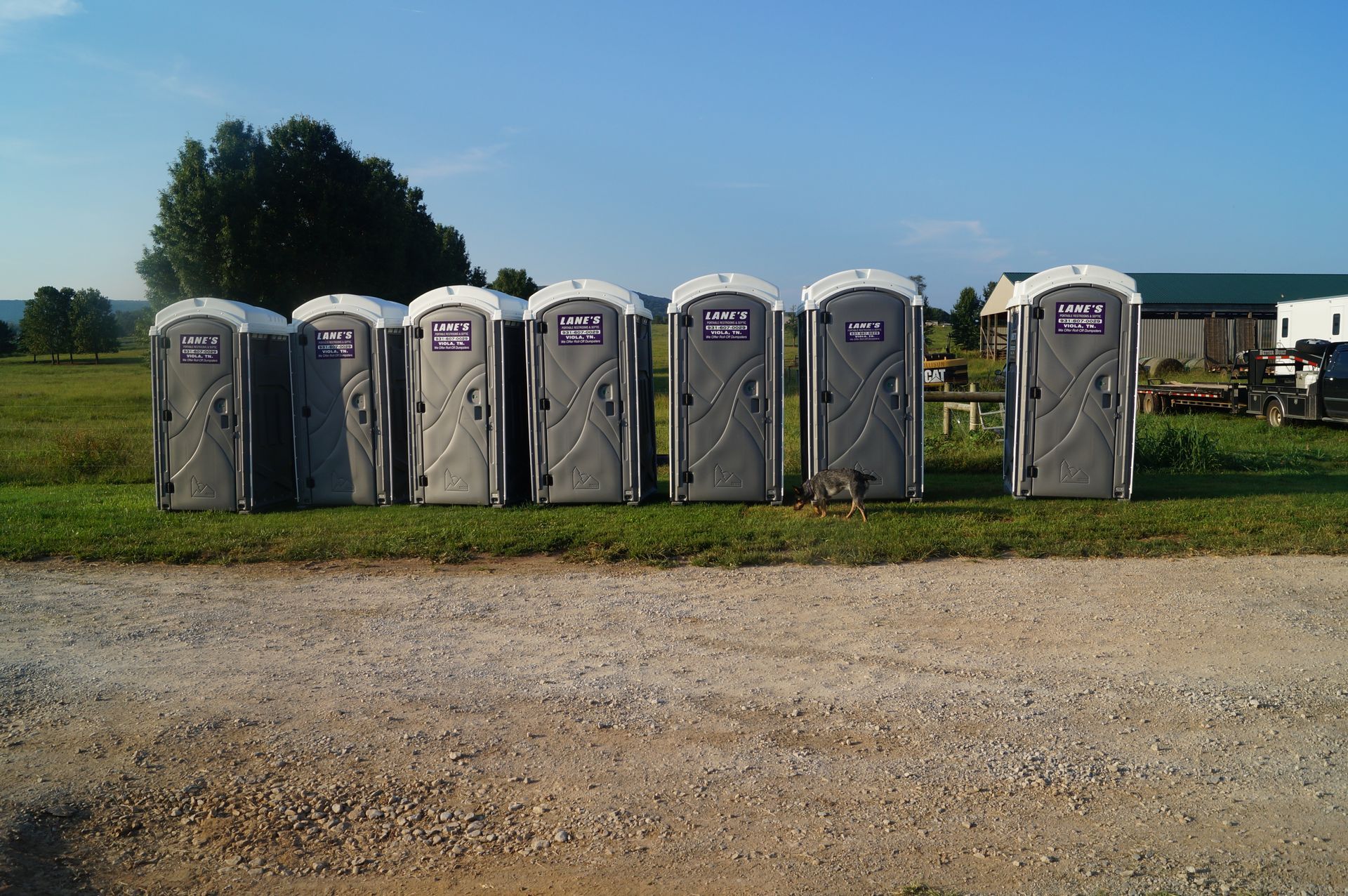 a row of portable toilets are lined up in a grassy field .