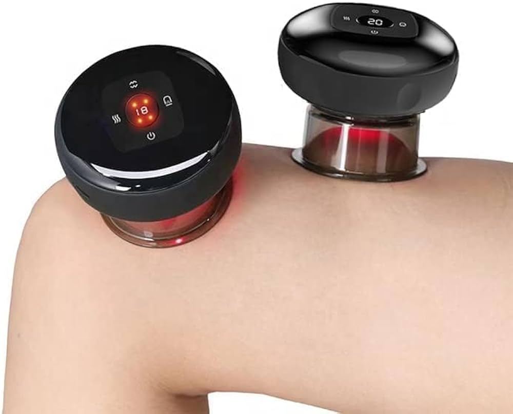 A person is getting a massage with two cups on their shoulder.