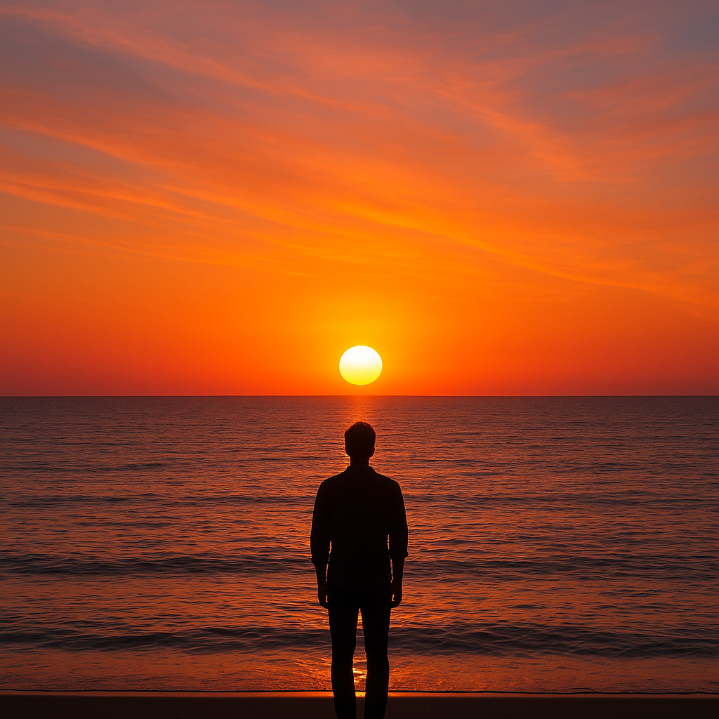 Silhouette of a person standing on a beach, looking at the vibrant orange sunset over the ocean.