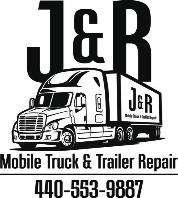 Black and white logo: J&R Mobile Truck & Trailer Repair with semi-truck graphic and phone number.