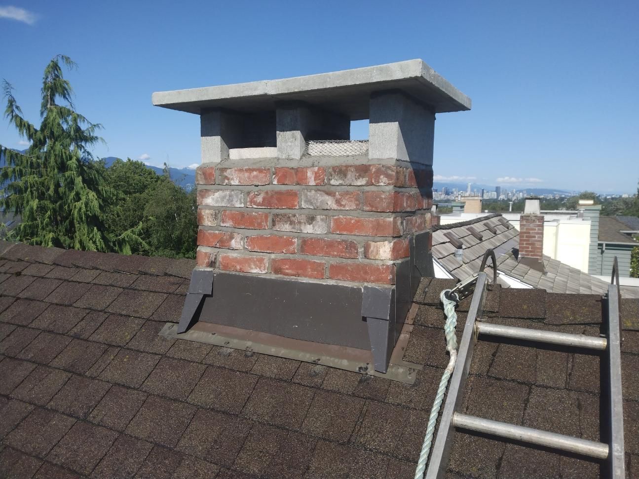 A chimney on top of a roof with a ladder attached to it