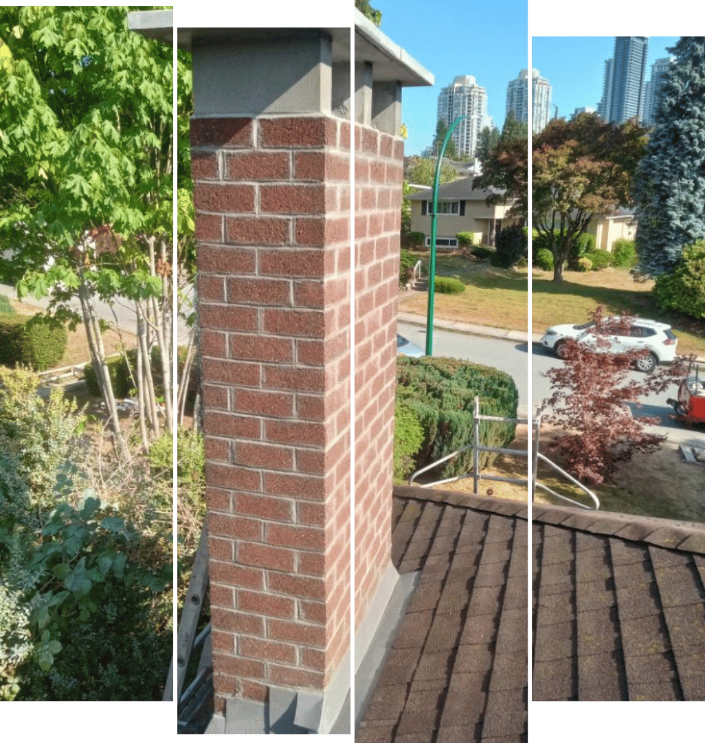 A brick chimney on top of a roof with a city in the background