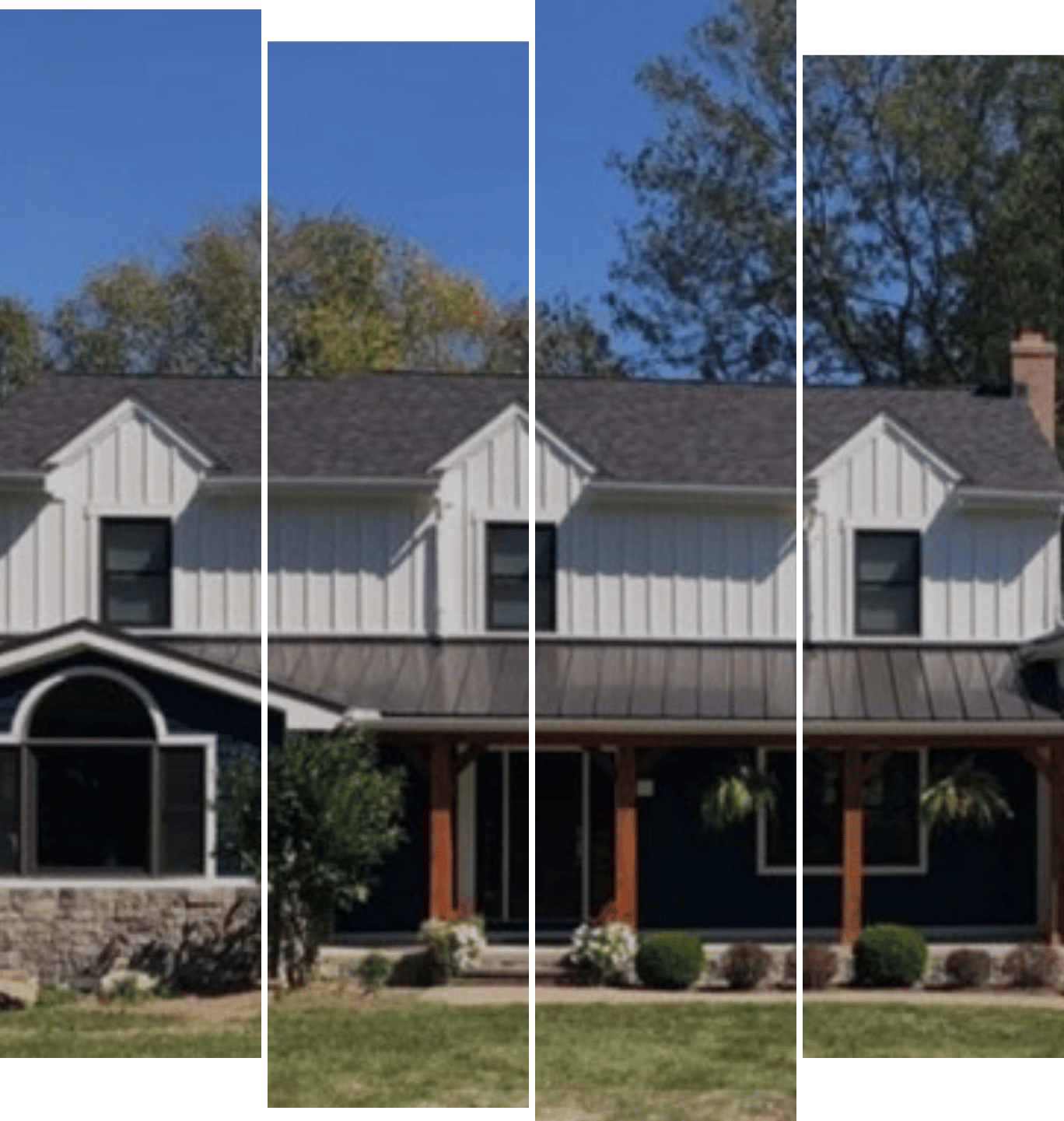 A blue and white house with a metal roof