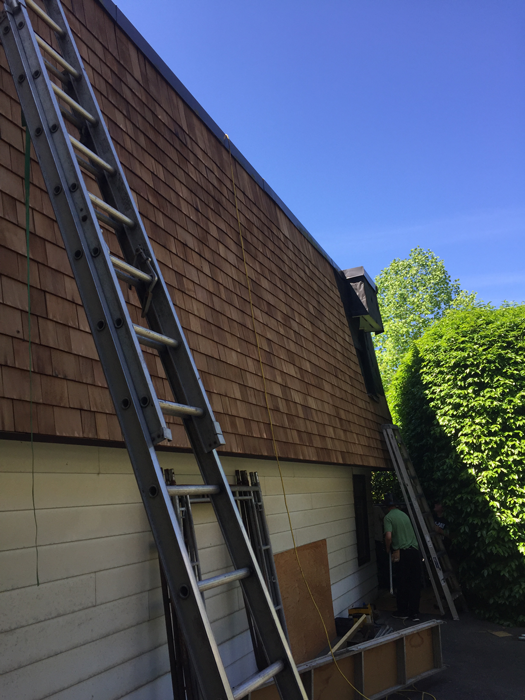 A ladder is attached to the side of a house.