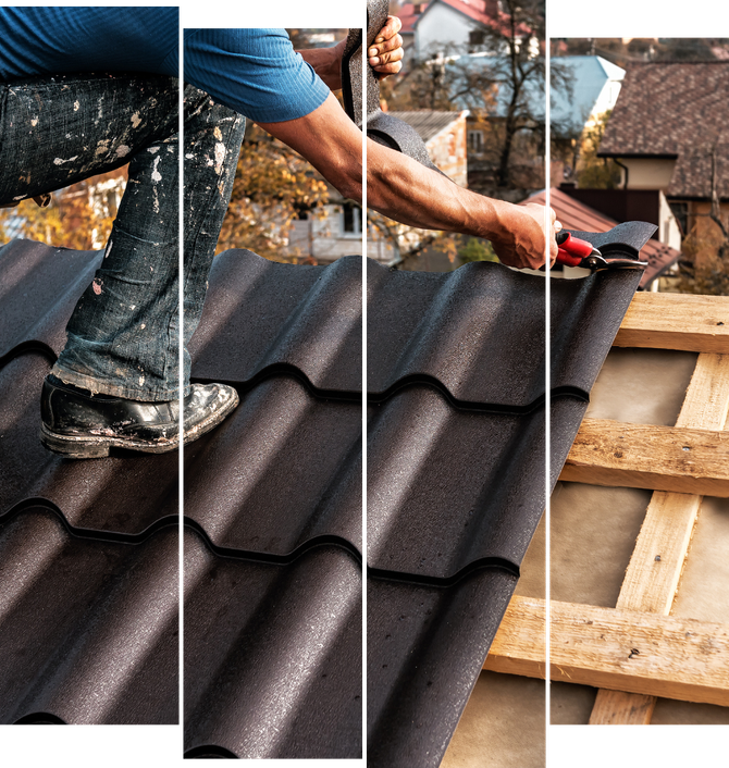 A man is kneeling on top of a tiled roof