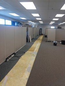 A large empty office with cubicles and a carpeted floor.