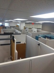 A row of cubicles in a large office building.