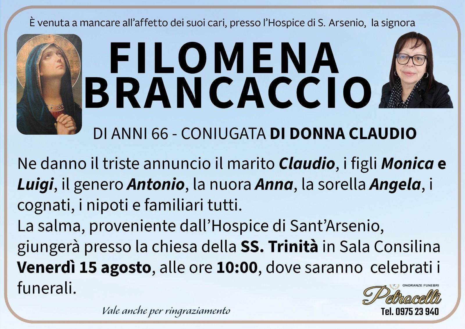 necrologio + FILOMENA BRANCACCIO 
