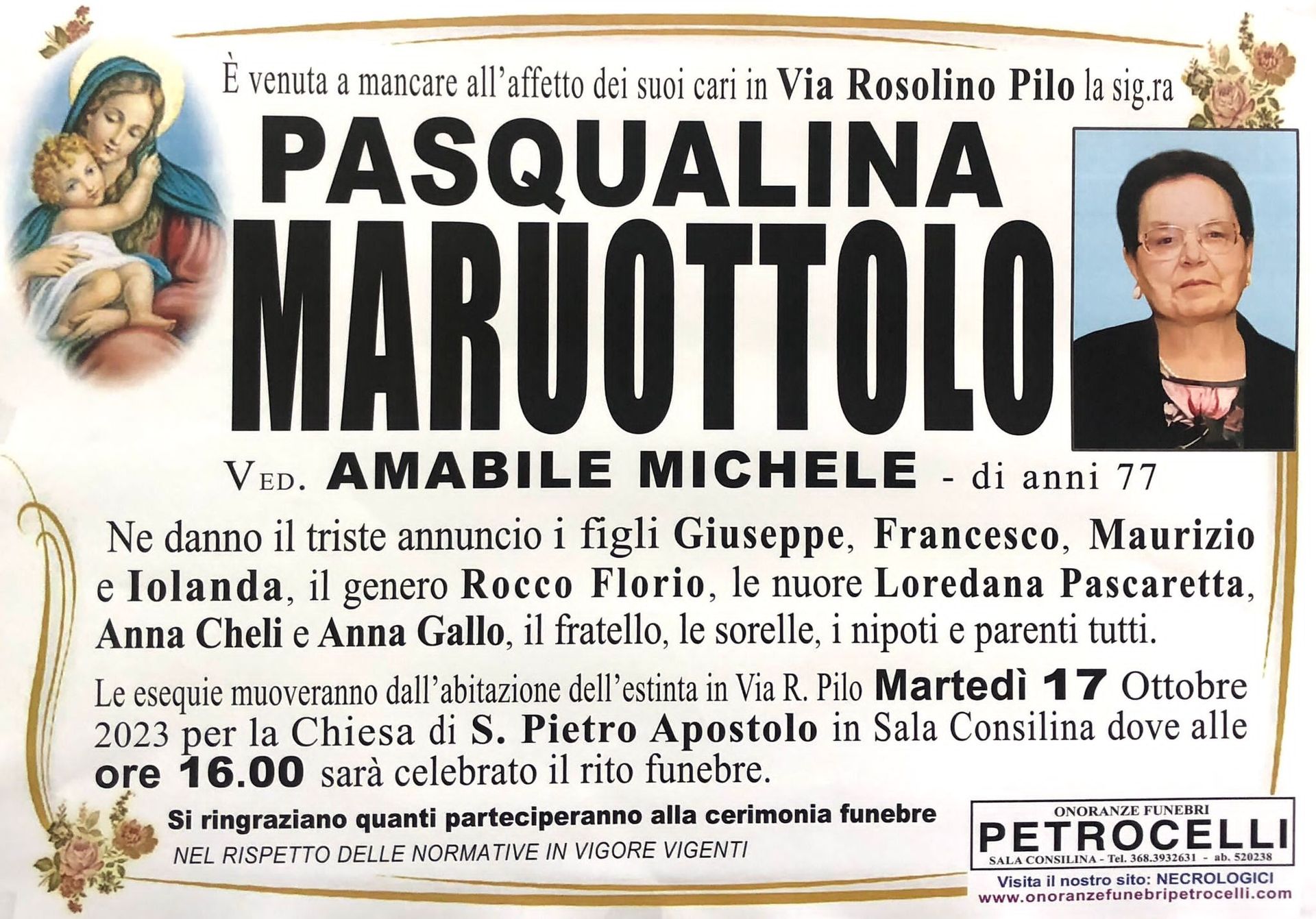 necrologio + PASQUALINA MARUOTTOLO