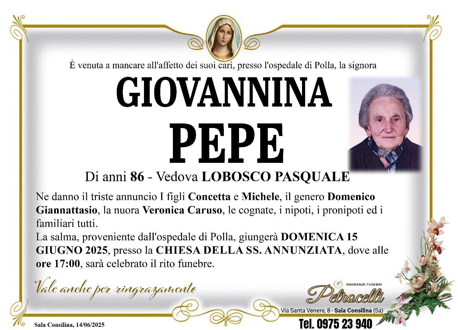 necrologio + GIOVANNINA PEPE 