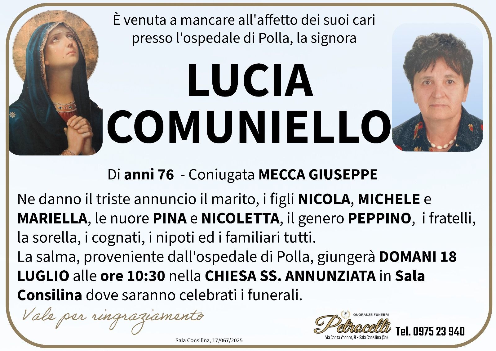 necrologio + LUCIA COMUNIELLO 