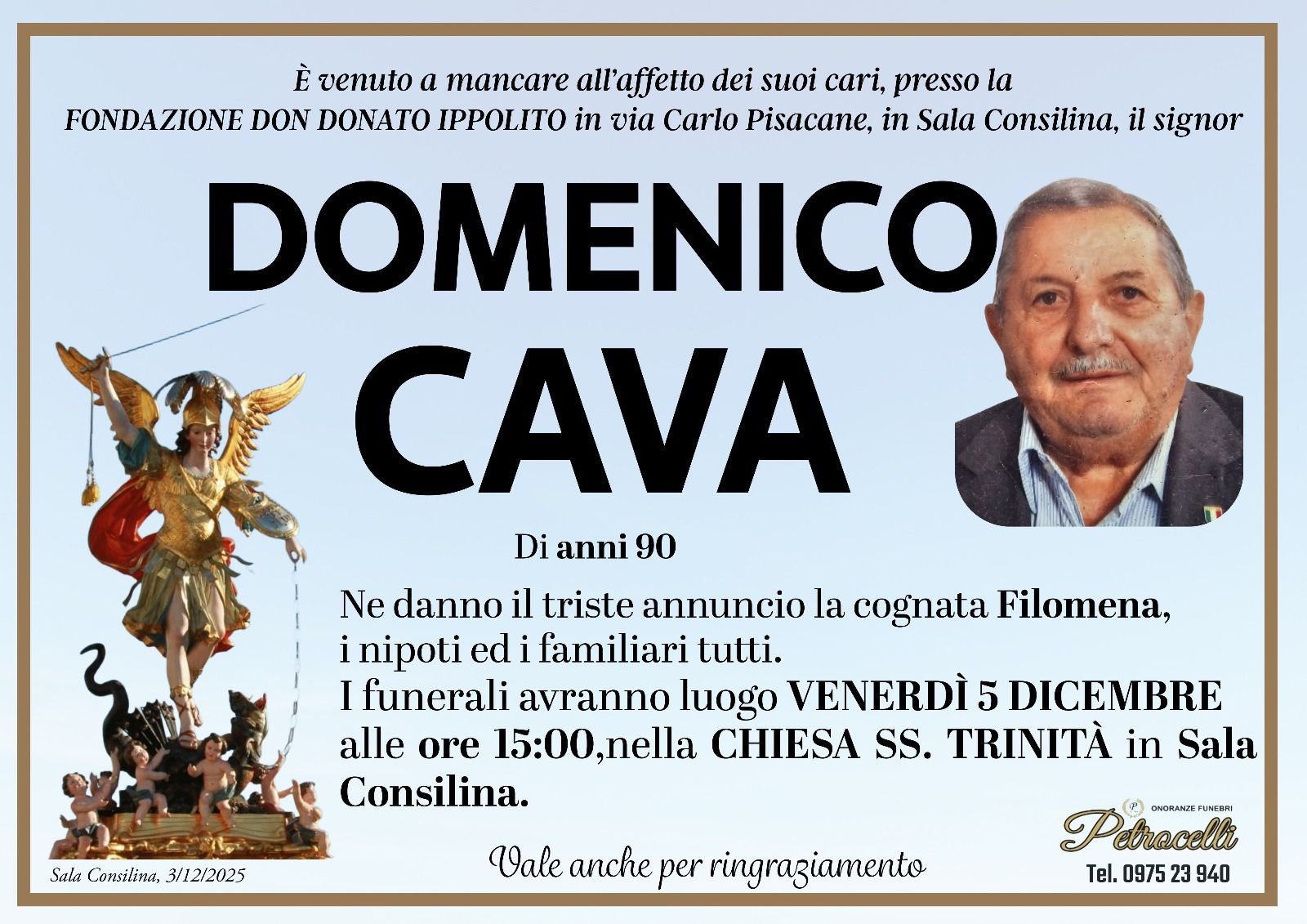 necrologio + DOMENICO CAVA 