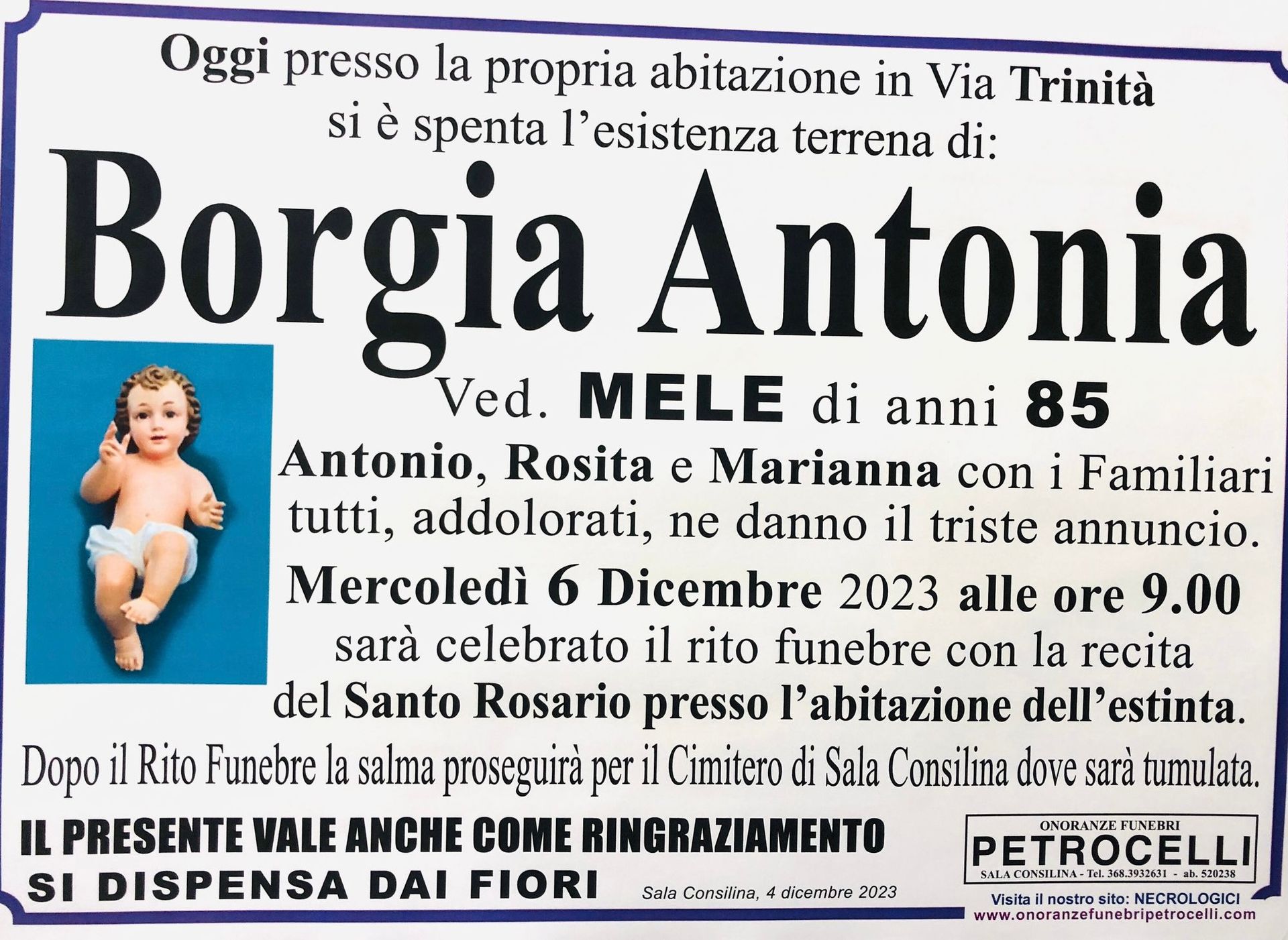 necrologio + ANTONIA BORGIA 