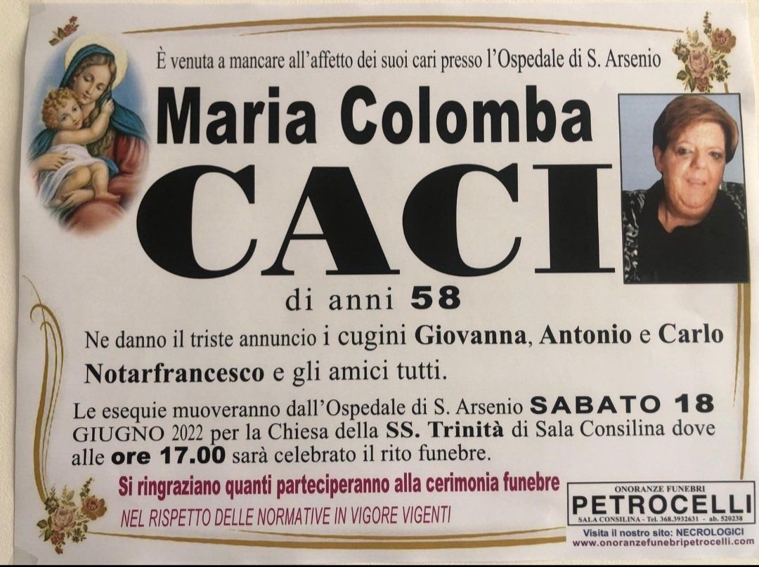 necrologio + MARIA COLOMBA CACI