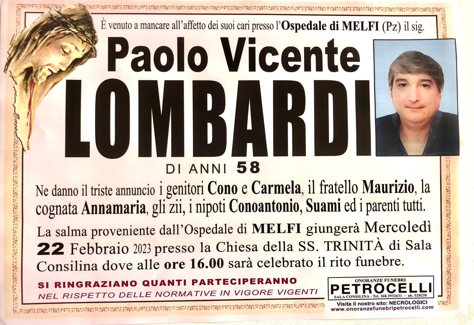 necrologio + PAOLO VICENTE LOMBARDI