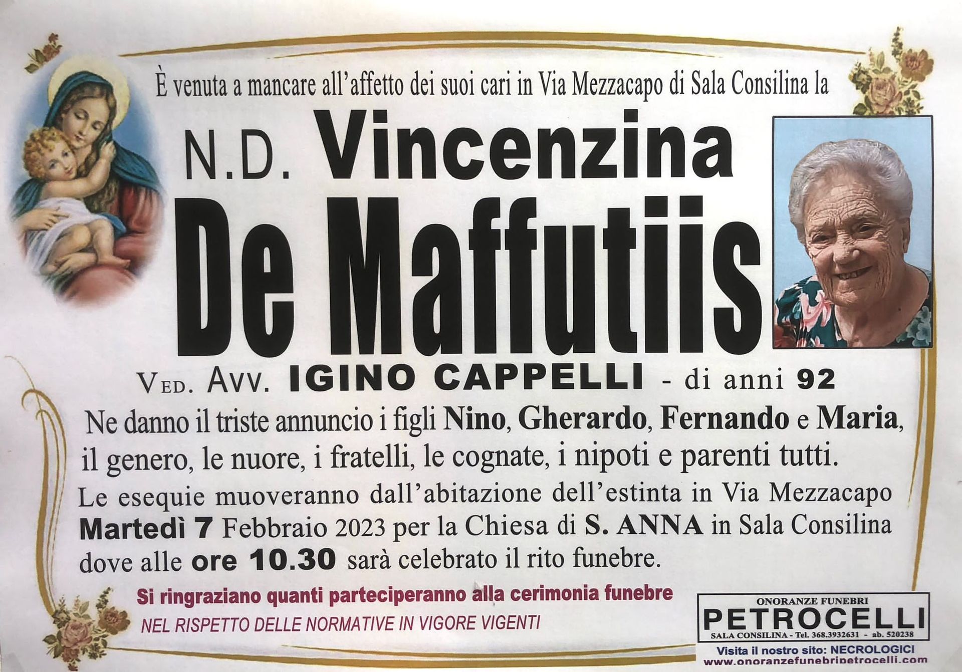necrologio + N.D. Vincenzina De Maffutiis