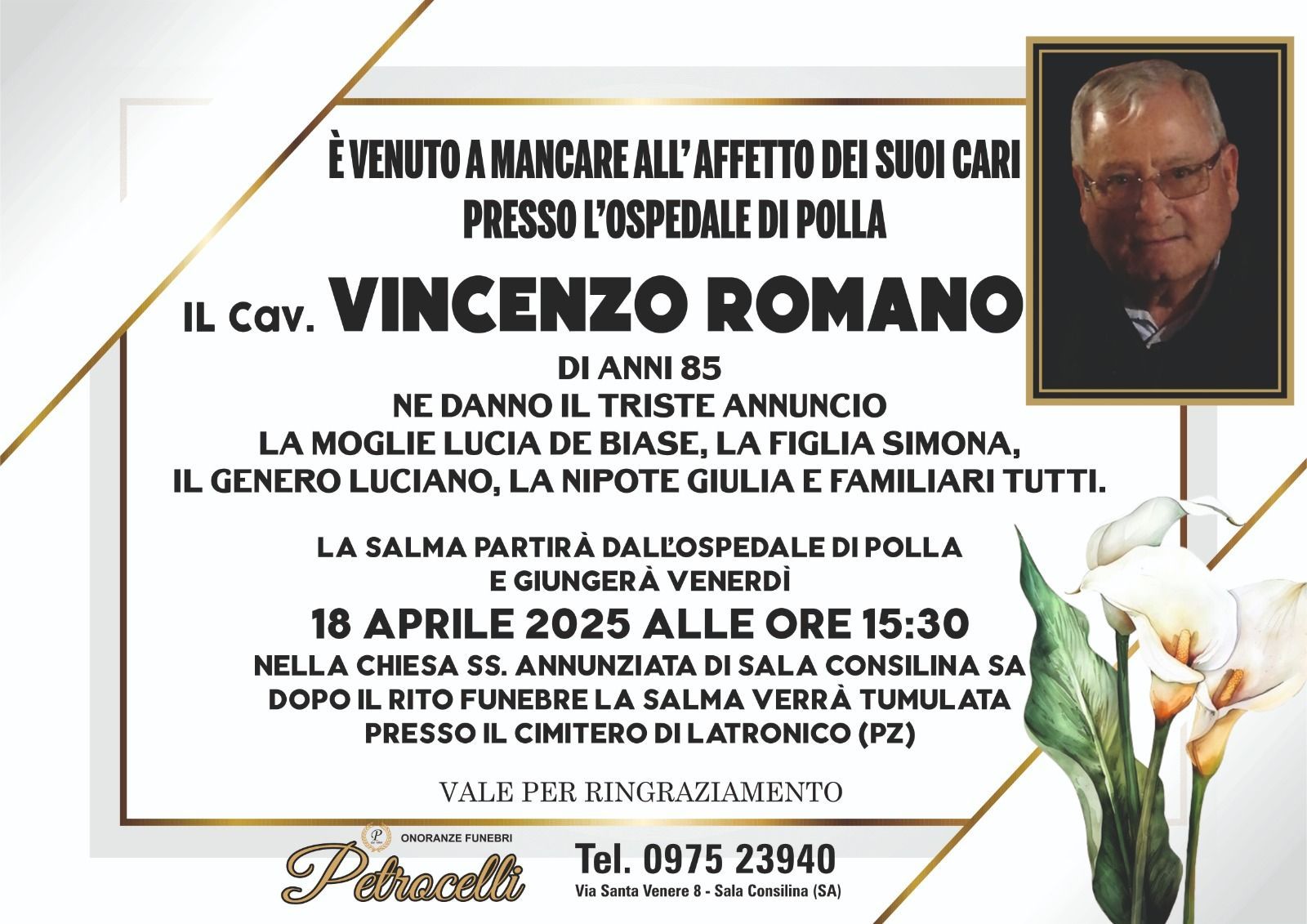 necrologio + VINCENZO ROMANO 