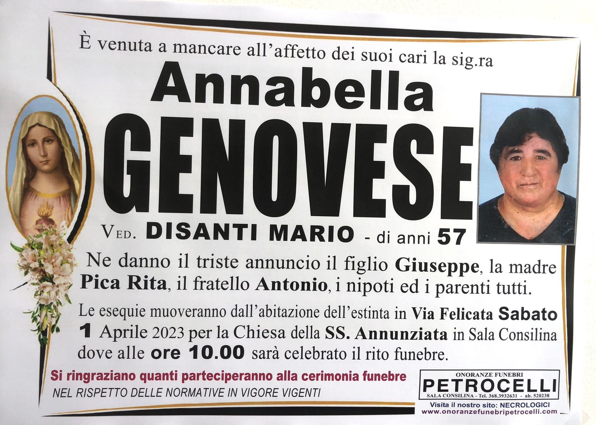 necrologio + ANNABELLA GENOVESE