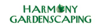 The logo for harmony gardenscapes is green and white