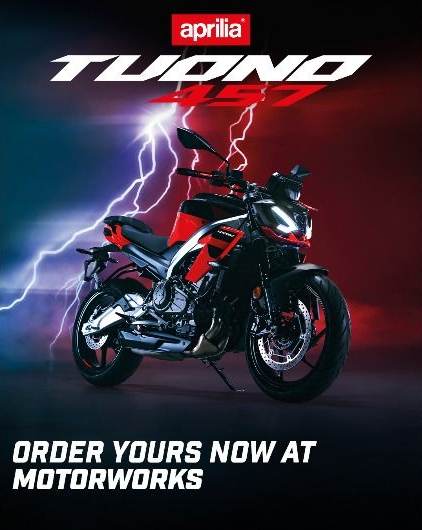 Aprilia Tuono V4 motorcycle ad with red and black bike, lightning background, and “Order yours now at Motorworks” text Aprilia Tuono V4 motorcycle ad with red and black bike, lightning background, and “Order yours now at Motorworks” text